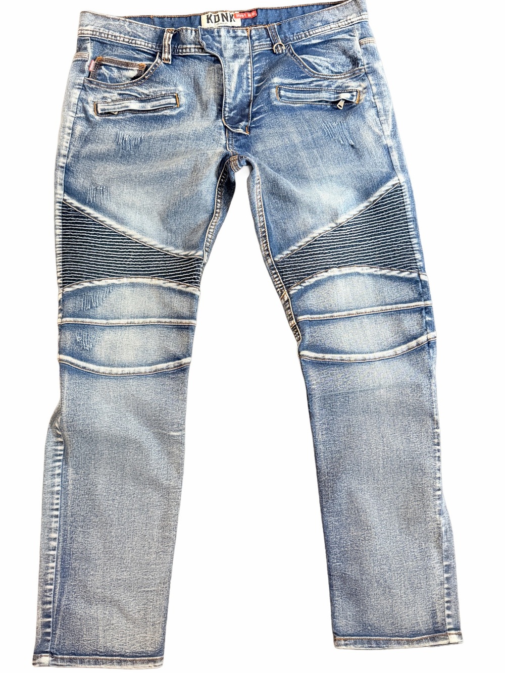 KDNK Moto Biker Denim Jeans Mens 32x27 W32 32W 27L low rise slim skinny leg